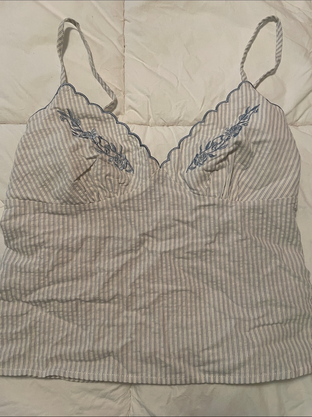 Striped Blue & White Cotton Lace-Trim Cami